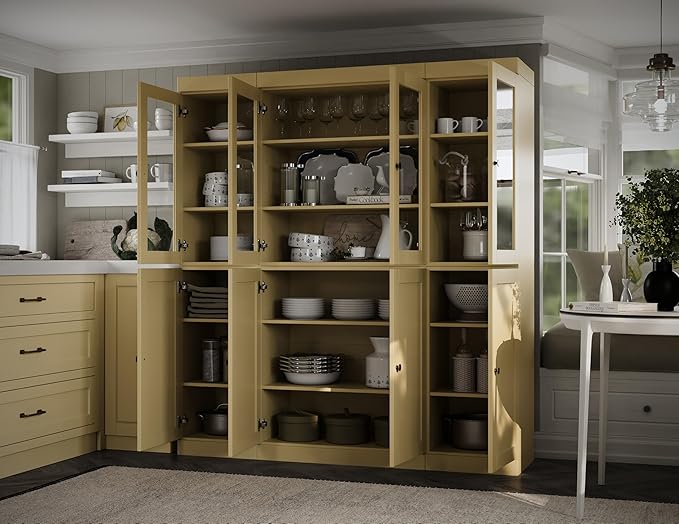 Palace Imports 100% Solid Wood Kitchen China Pantry Cabinet, 65" W - 4 Clear Glass & 4 Shaker Doors, Renewable Eco-Friendly Wood, Made in Brazil (Yellow, 8 China/Shaker Doors | NO Drawers)