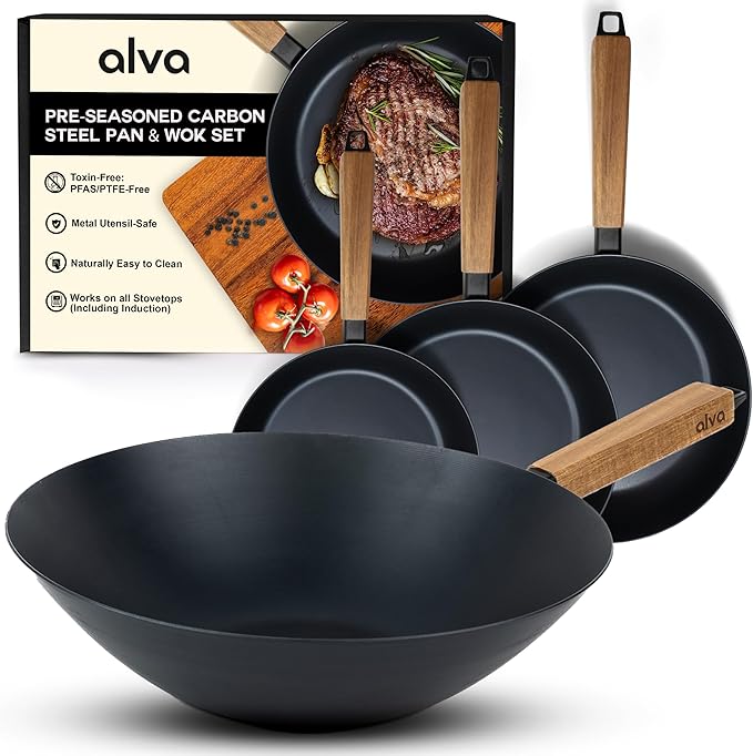 Alva Forest 4-Piece Carbon Steel Frying Pan Set ??Naturally Nonstick, Pre-Seasoned, with Acacia Wood Handle, Made Without PTFE, PFOA, PFAS ??Sustainable Belgian Design, Induction & All-Stovetop Safe