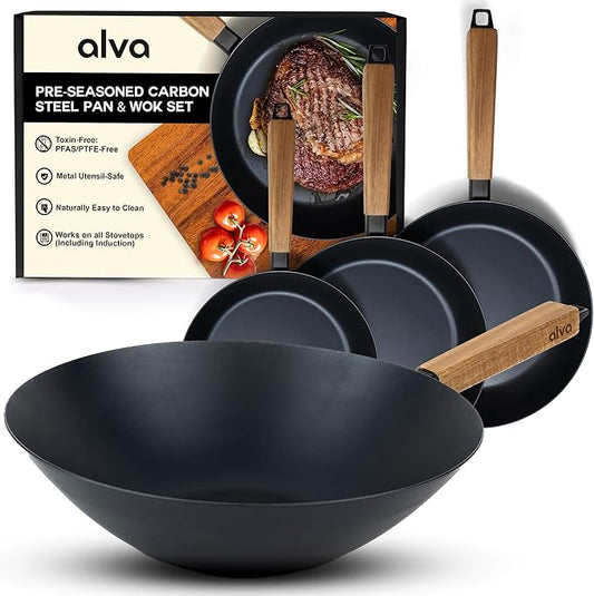 Alva Forest 4-Piece Carbon Steel Frying Pan Set ??Naturally Nonstick, Pre-Seasoned, with Acacia Wood Handle, Made Without PTFE, PFOA, PFAS ??Sustainable Belgian Design, Induction & All-Stovetop Safe