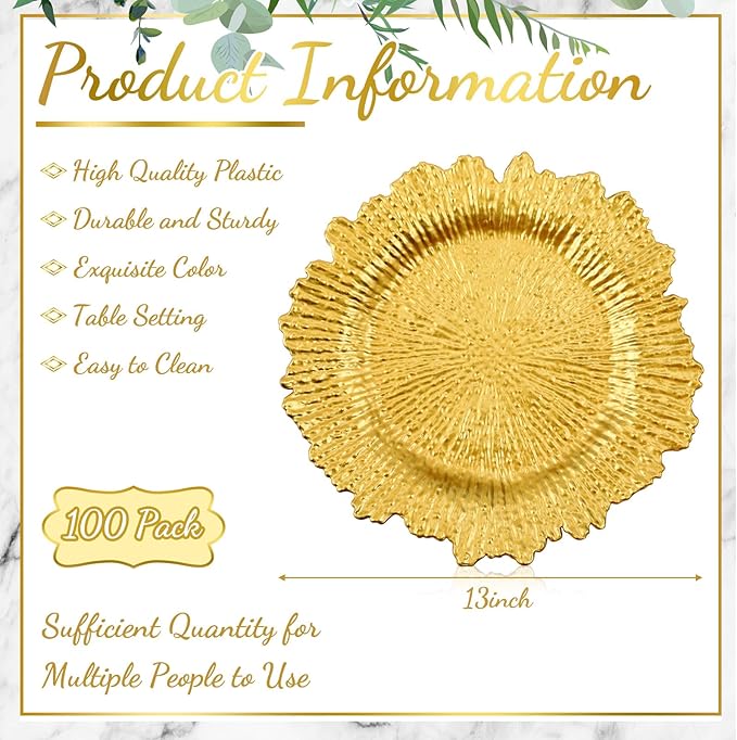 Nitial 100 Set Reef Charger Plate Set Bulk 13 Plastic Charger Plates Ruffled Rim with Paper Napkins Guest Towels for Table Setting Wedding Party (Gold)