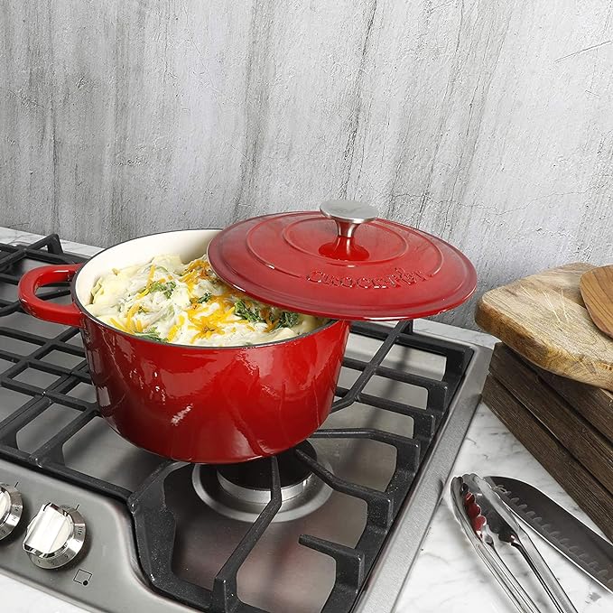 Crock Pot Artisan 5-Quart Round Enameled Cast Iron Dutch Oven ??Red, Durable Heavy-Duty Cookware for Slow Cooking, Roasting, Baking with Lid