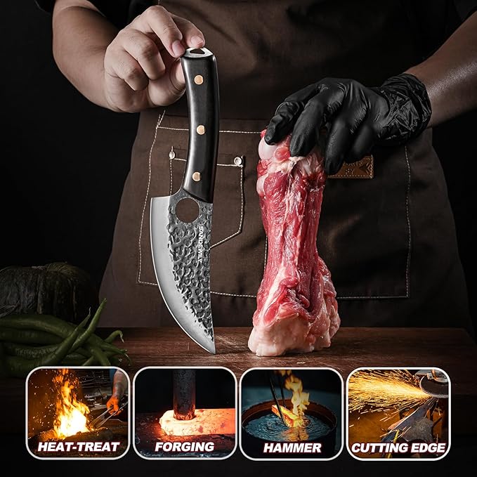Hand Forged Butcher Knife Set, 7" Meat Cleaver + 8" Chef Knife + 6" Viking Knife, Full Tang High Carbon Steel, Wooden Handle, Whetstone, Durable for Meat Cutting, BBQ and Outdoor Cooking