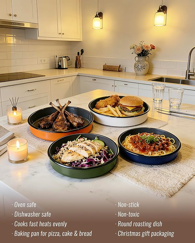 Round Baking Pan Set Roasting Dish 4-Pack 9/10/12/14 Inch Enamel Non Stick Large Cookware for Cake Bread Pie Pizza Turkey Steak, Non-Toxic Oven Dishwasher Safe, Christmas Gift Bakeware