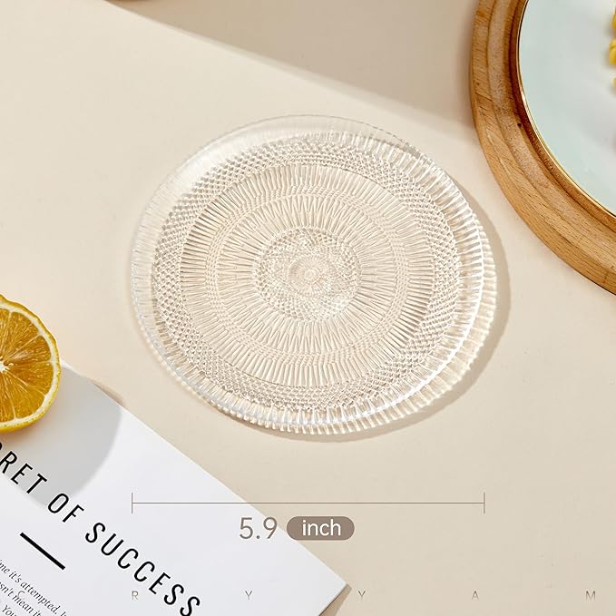 Dessert Plates - 6 Inch/15cm Handblown Glass Plates Set of 6 - Small Dessert Salad and Decorative Plates, Clear Glass Mini Dinner Plates for Appetizers, Salads, and Small Meals