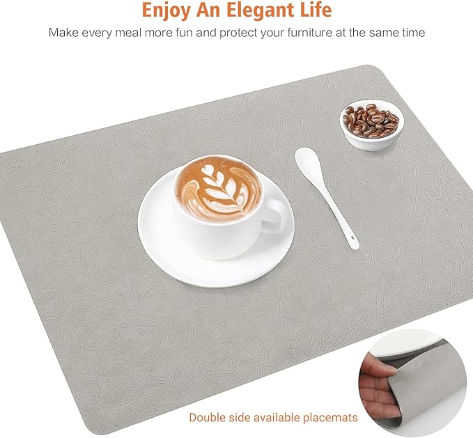 Bxzandya Vinyl Placemats Set of 12 Heat Resistant Easy Clean Non-Slip Place Mats for Dining Table Faux Leather Waterproof Stain Resistant Wipeable Washable PVC Table Mats(12, Light Gray)