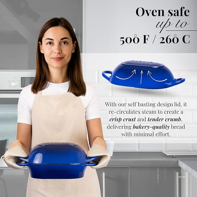 Dutch Oven For Sourdough Bread Baking ??Enamelled Cast Iron Bread Loaf Pot ??Oven Safe Non Stick Bread Pot ??Rectangular, Dark Blue, 24cm x 16cm ??by Nuovva