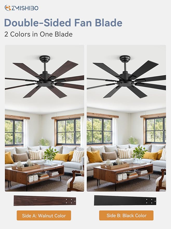62 Inch Ceiling Fan No Light with Remote Control, 8 Blades Quiet DC Reversible Motor, 6-Speed, Timer, Black Finish, Indoor Outdoor Ceiling Fans for Patios, Living Room, Garage