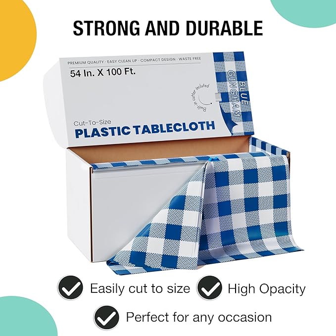 Party Solids 54 Inch X 100 Feet Blue Gingham Plastic Table Cover Roll in A Cut - to - Size Box with Convenient Slide Cutter. Cuts Up to 12 Rectangle 8 Feet Plastic Disposable Tablecloths