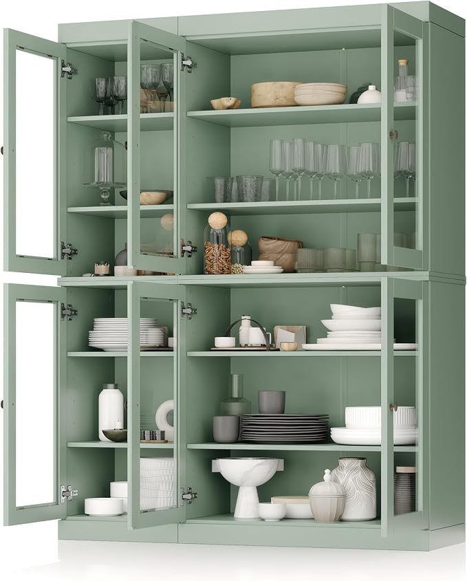 Palace Imports 100% Solid Wood 48.5" Pantry China Cabinet with Clear Glass Doors and Adjustable Shelves (Sage)