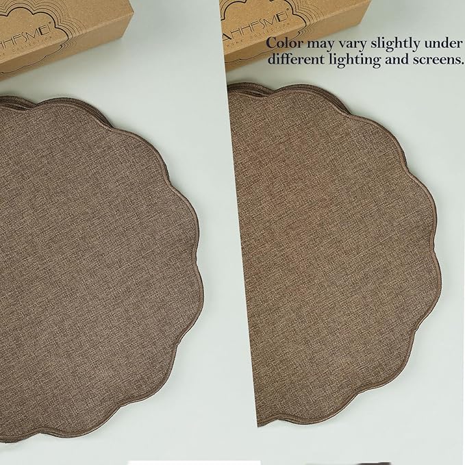 AHHFSMEI Round Faux Linen Placemats Set of 8 Waterproof Table Mats Heat Resistant Non-Slip and Stain Proof for Kitchen Dining Elegant Decor (Brown,8)
