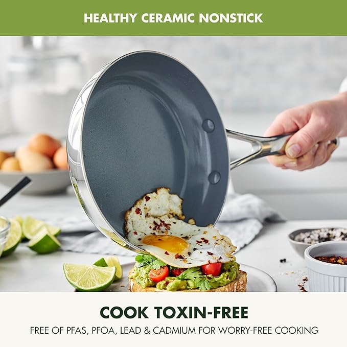 GreenPan Valencia Pro Stainless Steel 8??Frying Pan Skillet, Induction Suitable Mirrored Tri-Ply, Ceramic Nonstick PFAS-Free, Multi Clad Cookware, Dishwasher Oven & Broiler Safe