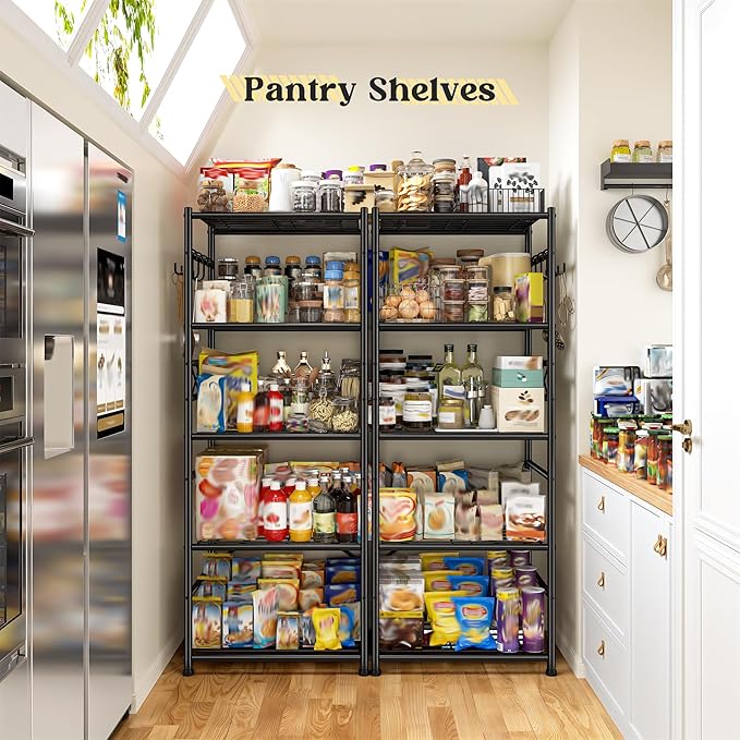 5-Tier Storage Shelves,Sturdy Metal Shelving Unit with Hooks,Wobble-Free Storage Rack with Leveling Feet,Slim Standing Shelf Organizer for Kitchen Pantry Laundry Bedroom,17.7?쓂횞11.8?쒭 횞58.3?쒱,Black