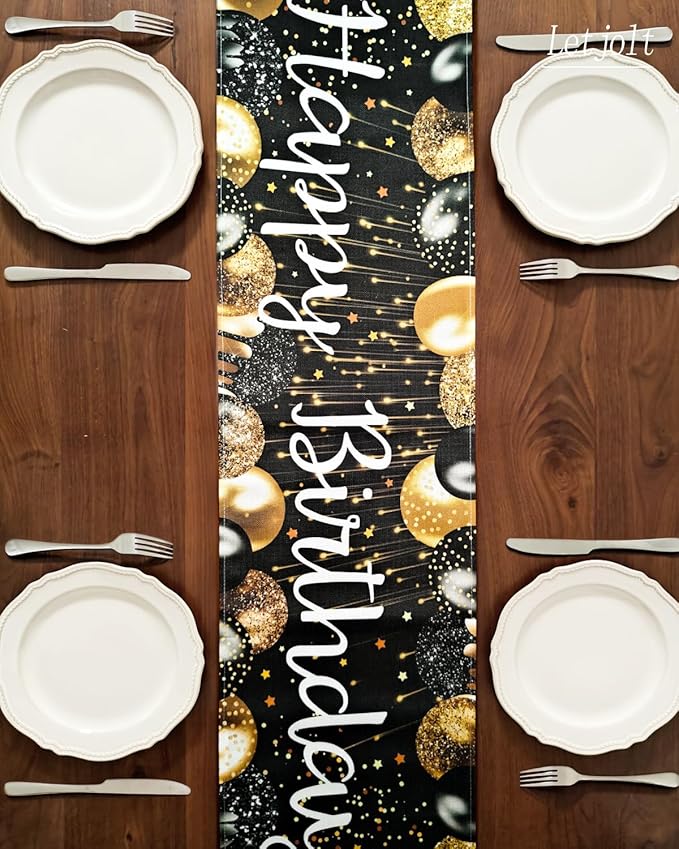 Happy Birthday Table Runner 1920s Birthday Party Decorations Black and Golden Birth Party Sign Vintage Style