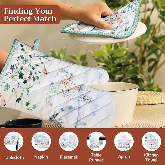 Maison d' Hermine Oven Gloves 100% Cotton Oven Mitt 7" x 13" with Loop Heat Resistant BBQ Cooking Gloves for Thanksgiving Christmas Decorations Baking Handling Hot Pans (Pack of 1, Snowy World)
