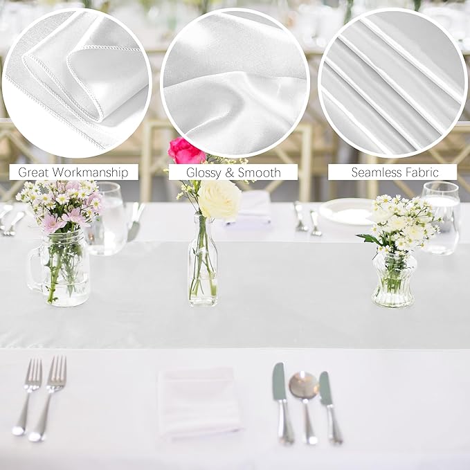 Aneco 4 Pack Satin Table Runner 12 x 108 Inch White Long Bright Silk and Smooth Fabric Party Table Runner for Wedding Banquet Party Decoration
