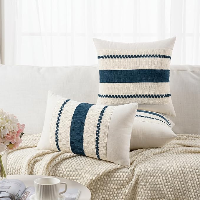 Fancy Homi Set of 2 Boho Teal Lumbar Decorative Throw Pillow Cover 12x20 Inch for Couch Bed Sofa Chair, Modern Organic Farmhouse Home Decor, Soft Cotton Cute Accent Rectangle Cushion Case