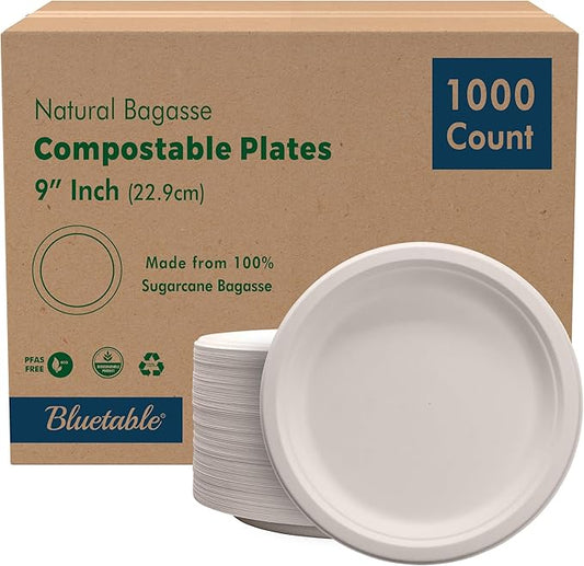 Compostable Paper Plates 9 Inch Bulk Plates [1000 Case Pack] - Biodegradable Made from 100% Sugarcane - Heavy Duty Disposable - Eco Friendly - Bagasse Dinner Natural Recycled Plate [1000 Case]
