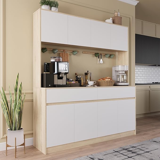 Kitchen Hutch Storage Cabinet, 63" W Large Pantry Cabinets with Microwave Oven Countertop, Freestanding Kitchen Pantry Storage Cabinet with 4 Doors, 2 Drawers and 7 Shelves, White + Walnut