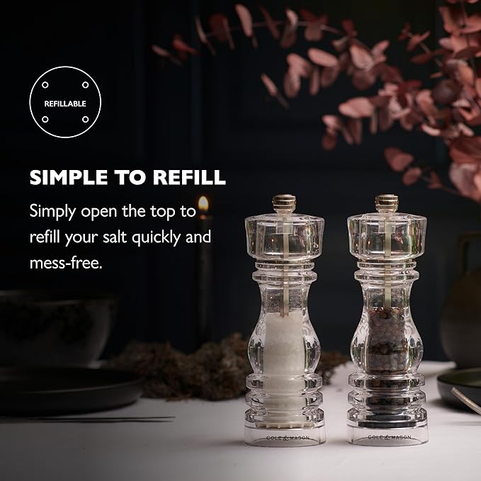 Cole & Mason London Refillable Spice Mill - Kitchen & Home Accessory - Table Salt Grinder - Salt Mill with Ceramic Mechanism - 7", Acrylic