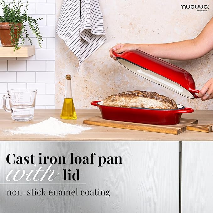 Enamelled Cast Iron Bread Loaf Pot ??Dutch Oven For Sourdough Bread Baking ??Oven Safe Non Stick Bread Pot ??Rectangular, Red, 34cm x 16cm ??by Nuovva