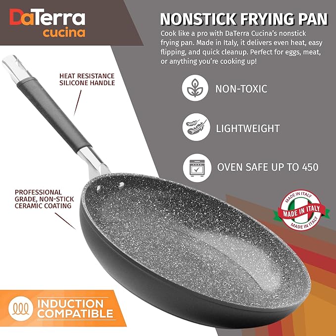 DaTerra Cucina 11" Nonstick Ceramic Frying Pan with Lid ??Oven & Induction Safe, High Heat Resistant Nonstick Cookware, Dishwasher Safe, Durable & Stylish - Volcanic Black Speckled ??Made in Italy