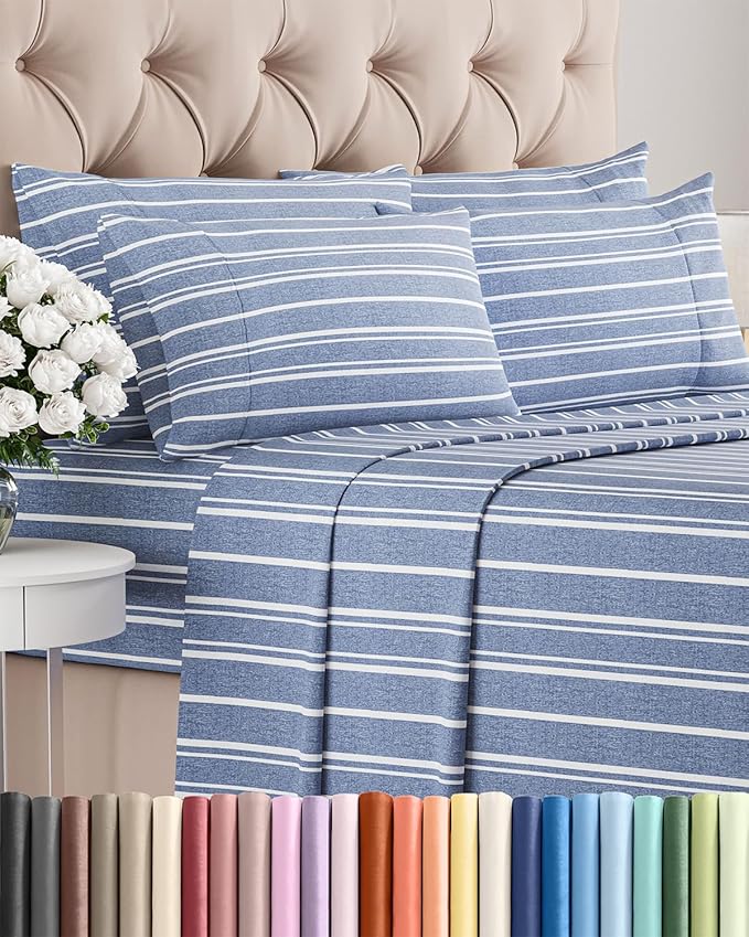 Full 6 Piece Sheet Set - Cooling & Breathable Bed Sheets - Hotel Luxury Bed Sheets for Women, Men, Kids & Teens - Bedding w/Deep Pockets & Easy Fit - Soft & Wrinkle Free - Full Blue Stripes Sheets