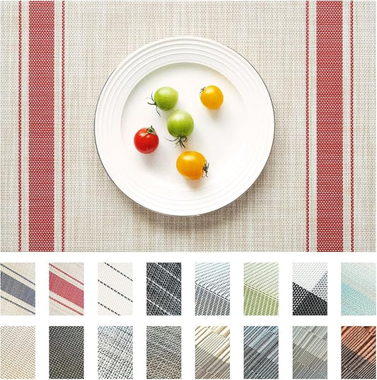 SUMYMERY Placemats Set of 12 Vinyl/Plastic Woven Place Mats for Kitchen Table Indoor/Outdoor Washable Placemat Wipeable Dining Table Mats (Khaki Red,12)