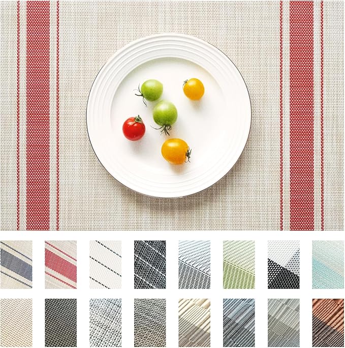 SUMYMERY Placemats Set of 4 Vinyl/Plastic Woven Place Mats for Kitchen Table Indoor/Outdoor Washable Placemat Wipeable Dining Table Mats (Khaki Red,4)