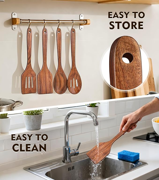 4Pcs Wooden Spatula for Cooking, Acacia Wooden Spatula for Kitchen Use, Nonstick Cookware Safe Utensils Set for Cooking, Mixing, Serving, Draining, Ideal Cooking Utensils Gift