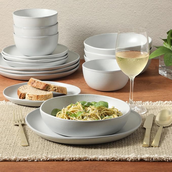 Gibson Elite Menlo Park 16-Piece Pottery Clay Stoneware Dinnerware Set ??White Reactive Glaze, Embossed Plates and Bowls W/Pasta Bowl, Service for 4 ??Microwave & Dishwasher Safe