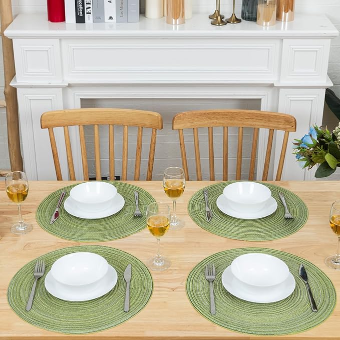 Winknowl Round Braided Placemats Set of 6 Washable Woven Heat Resistant Table Mats for Kitchen Dining Tables 15 inch Round Place Mats (Pea Green,6)