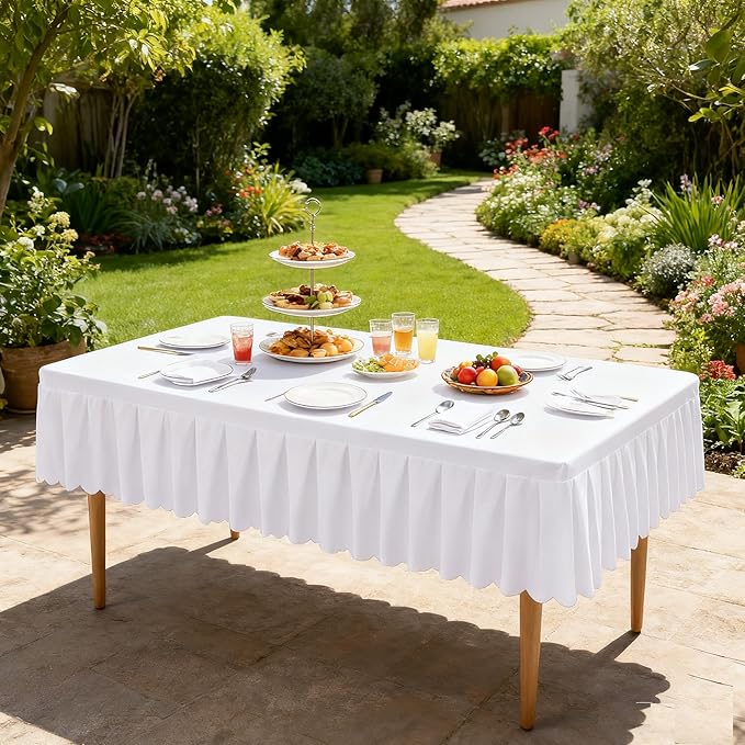 Wish Care White Spandex Table Clothes for 8 Foot Rectangle Tables Wrinkle Free Stretch Fitted Tablecloth 8ft Pleated Ruffle Elastic Table Cover Skirt for Banquet Dining Outdoor Home Party Tablecloth