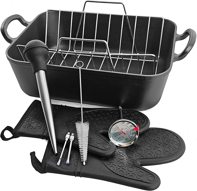 16x13??Roaster pan with rack(Cast iron)-Clad Specialty, Chef's Classic Rectangular Roaster with Rack (Meat Thermometer)