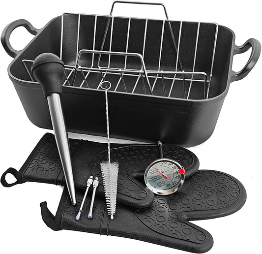 16x13??Roaster pan with rack(Cast iron)-Clad Specialty, Chef's Classic Rectangular Roaster with Rack (Meat Thermometer)