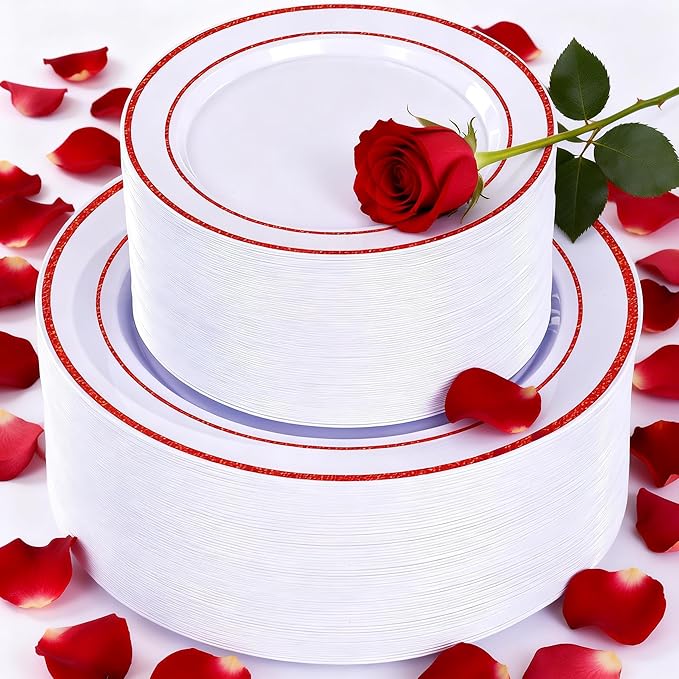 U-QE 100pcs Glitter Red Plastic Plates for Party - White and Red Plates Disposable - Nice Disposable Plates Include 50 10" Dinner and 50 7" Dessert Plate, Perfect for Party, Wedding & Special Moments