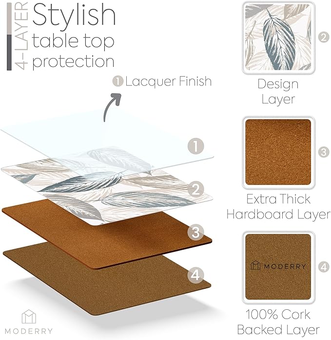 Moderry Set of 4 Heat Resistant Cork Placemats for Dining Table with Free Set of 4 Matching Drink Coasters Marble Design 16 x 12 Inches Cork Backed Hard Placemats (Farmhouse Rustic Leaves)