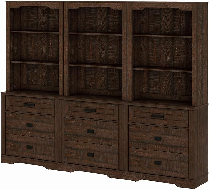 WAMPAT 3 Column 3 Tier Pantry Cabinet with Drawer,73.3" Tall Floor Standing Cupboard,Modern Farmhouse Display Kitchen Buffet with Adjustable Shelves for Dining Room,Living Room,Rustic Brown