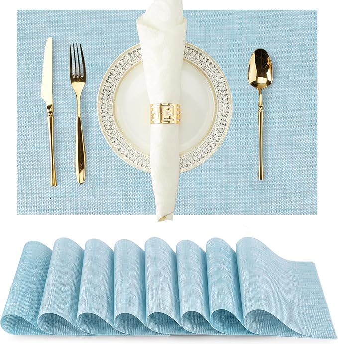 Blue Placemats Set of 8 Durable Heat Resistant Non-Slip Washable Place Mats PVC Vinyl Woven Table Mats for Dining Table 12 x 17 Inch