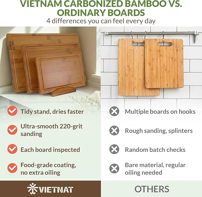 Vietnam Carbonized Bamboo Cutting Board Set of 3 with Holder, Non Toxic Reversible Boards with Juice Groove, Smooth Finish and Non Slip Feet, Handmade in Vietnam for Prep and Charcuterie