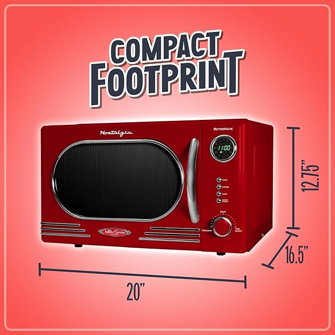 Nostalgia Retro Countertop Microwave Oven - 1.1 Cu Ft & 1000 Watt Power- Easy to Clean with Removable Glass Turntable - Child Safety Lock - 12 Programs - Digital Clock - Red