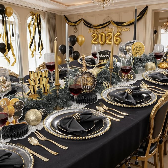 KIRE 200Pcs Black Plastic Plates - Black and Gold Plates Disposable for Party - Include 100 for Dinner and 100 for Dessert for Birthday/Wedding/New Year