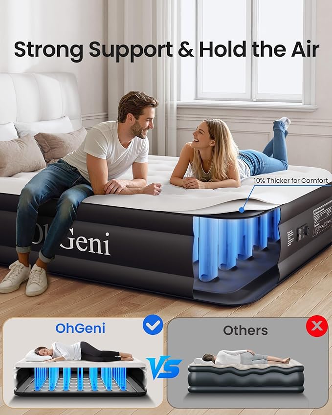 OhGeni King Air Mattress Family Choice Award with Built-in Pump,18'' Comfortable Blow Up Colchones Inflables Mattress for Home,Guests, Portable Air Bed for Adults, Airbed Supports Up to 700 lbs,Black