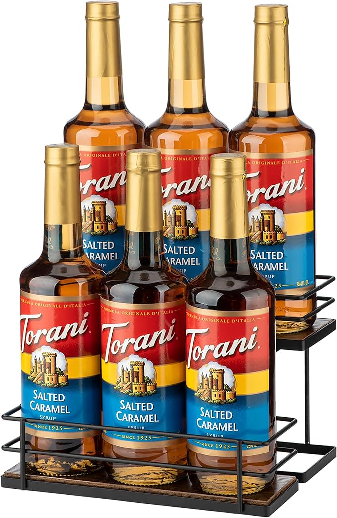Coffee Syrup Organizer rack, 2 Tier Syrup Holder(6 Bottle Capacity) for coffee bar syrup storage,kitchen condiment organization and wine display.