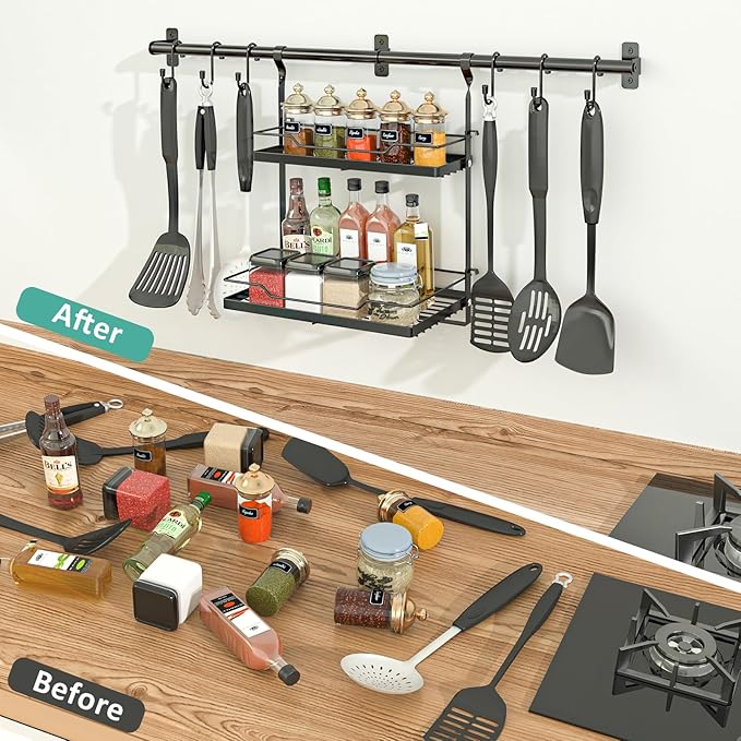 NADAMOO Kitchen Utensil Hanger and Spice Rack with Towel Rack Holder竊똚all Mount Space Saving Metal Storage Organizer for Pantry, Countertop, Bathroom