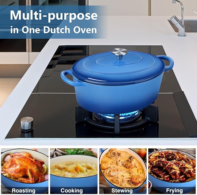P&P CHEF Oval Dutch Oven with Lid, Enameled Cast Dutch Oven Pot for Bread Baking, Braising, Stewing, Roasting, Non-Stick & Oven Safe, Dual Handles & Easy Clean, 5QT & Blue
