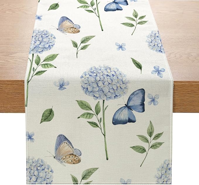 ZCHOMI Hydrangea Butterfly Table Runner 13x72 Inch Summer Flowers Spring Kitchen Dinning Table Decoration for Indoor Outdoor Home Party D챕cor