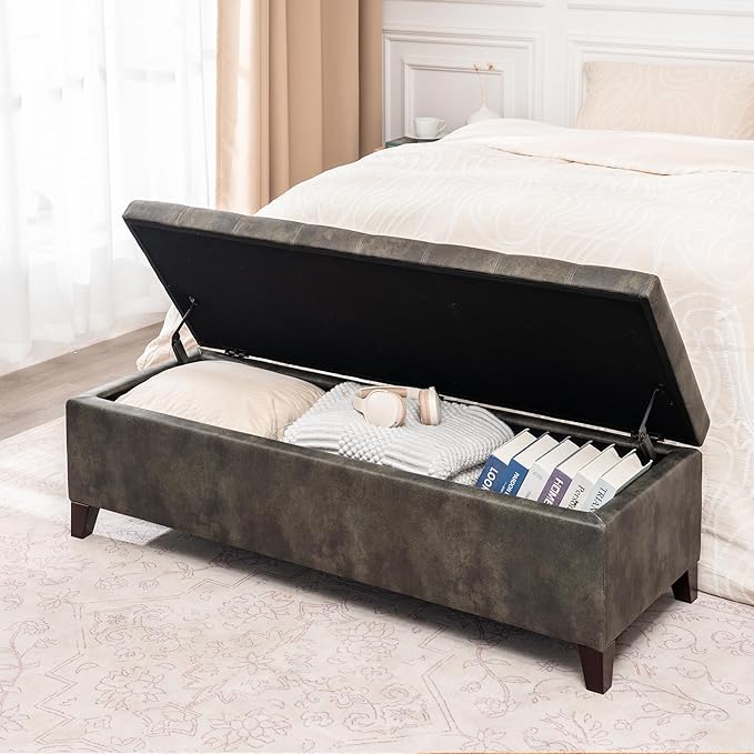 DECO DE VILLE Ottoman with Storage, 51 Inch End of Bed Storage Ottoman Bench, Faux Leather Upholstered Ottomans with Hinged Lid, Rectangle Long Foot Rest Bench for Living Room Bedroom Dark Green