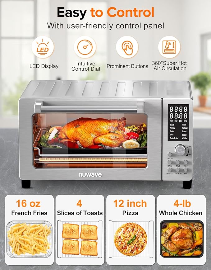 Nuwave Bravo Pro Smart 21QT Toaster Oven Air Fryer Combo, Convection Oven Countertop, 10 functions all in 1, with even & quick crisp technology, 50-450째F, 1800W, Stainless Steel
