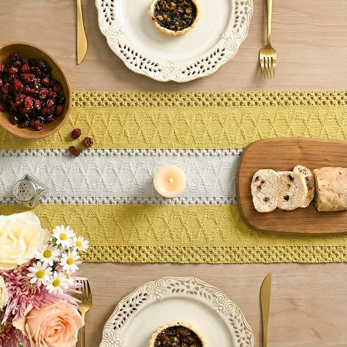 Artoid Mode Yellow Farmhouse Rustic Table Runner, Seasonal Hollow Kitchen Dining Table Decoration for Home Party Decor 12x48 Inch