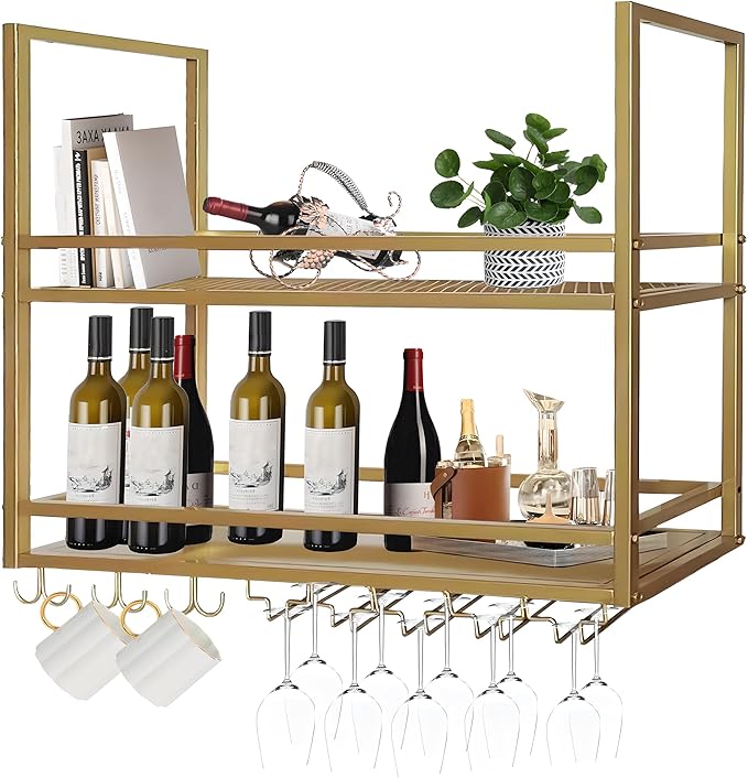 Ceiling Wine Glass Rack, Hanging Wine Display Shelf 2-Tier, Bar Liquor Storage Shelf for Bar Cafe Kitche, Metal Wine Bottle, Goblet Stemware Rack(Gold, 55.11x39.37x11.81in)